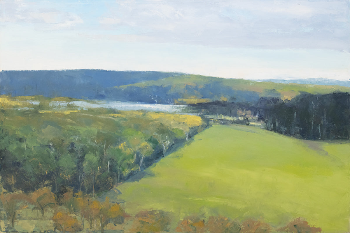 A green landscape painting. 