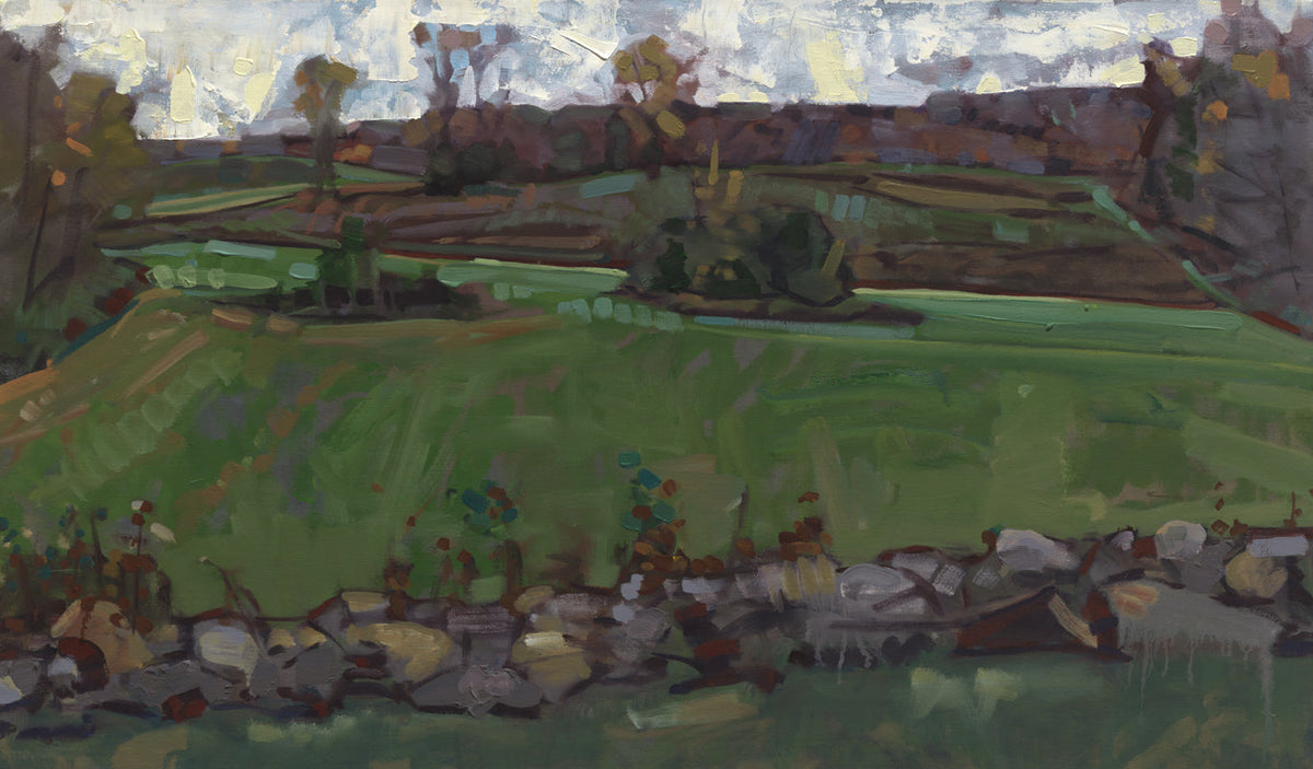 A green, brown and white abstract landscape print by John Harris.