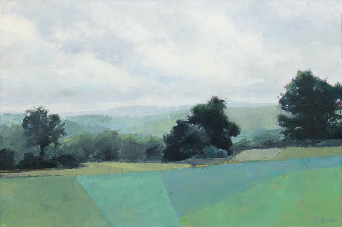A light green abstracted landscape painting. 