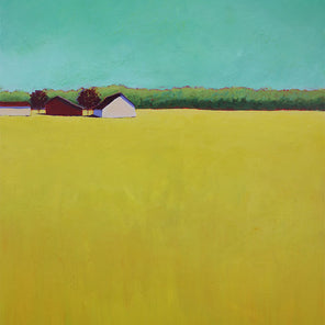 A colorful abstracted landscape painting with a teal sky, yellow-green foreground, and small red and pink barns and foliage along the horizon line. 