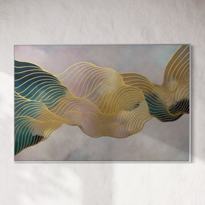 Abstract art piece with wavy lines in gold and green on a light gray background.