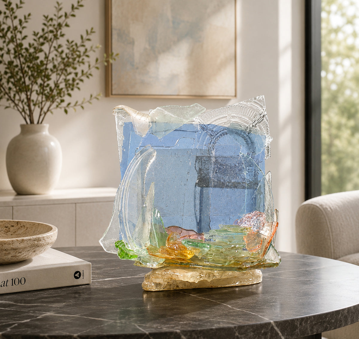 A glass sculpture on a table with a vase and books in the background