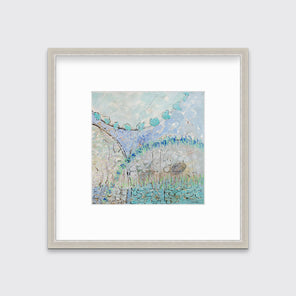 A teal, lavender, black and grey abstract print in a silver frame with a mat hangs on a white wall.