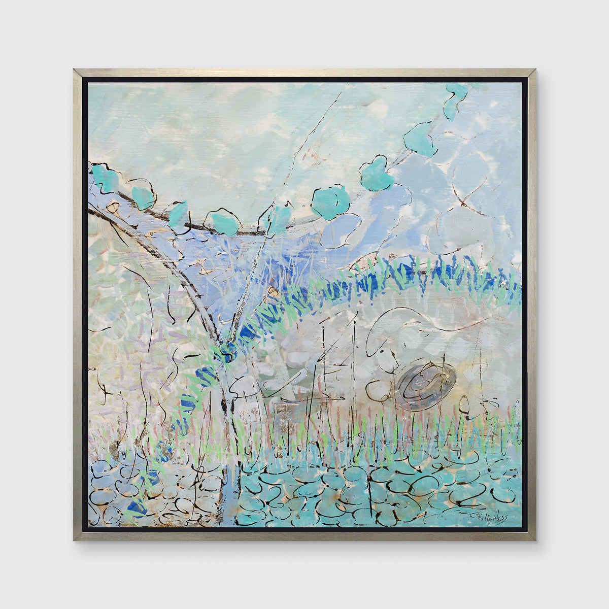 A teal, lavender, black and grey abstract print in a silver floater frame hangs on a white wall.