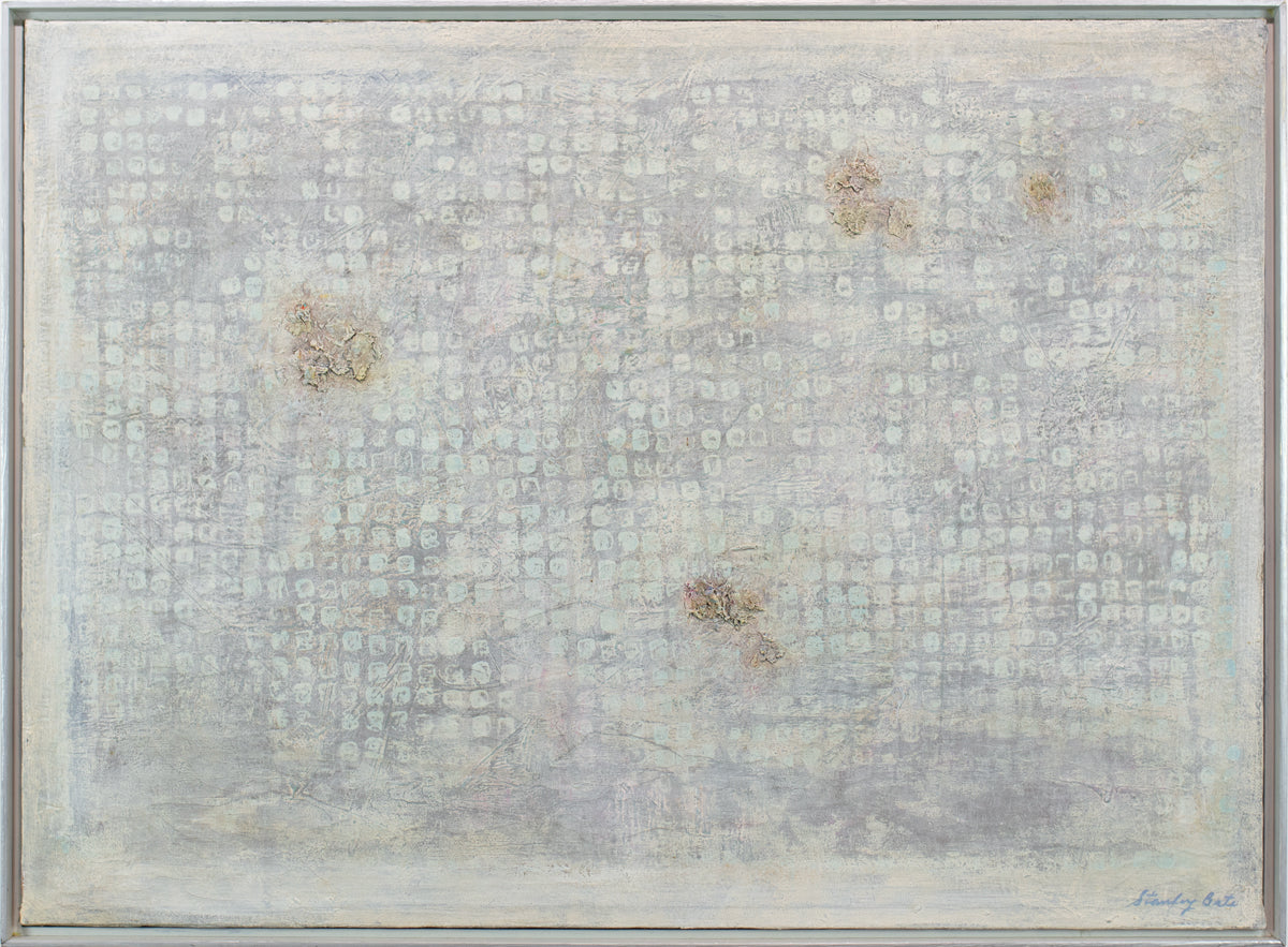 A light grey abstract painting framed in a white floater frame. 