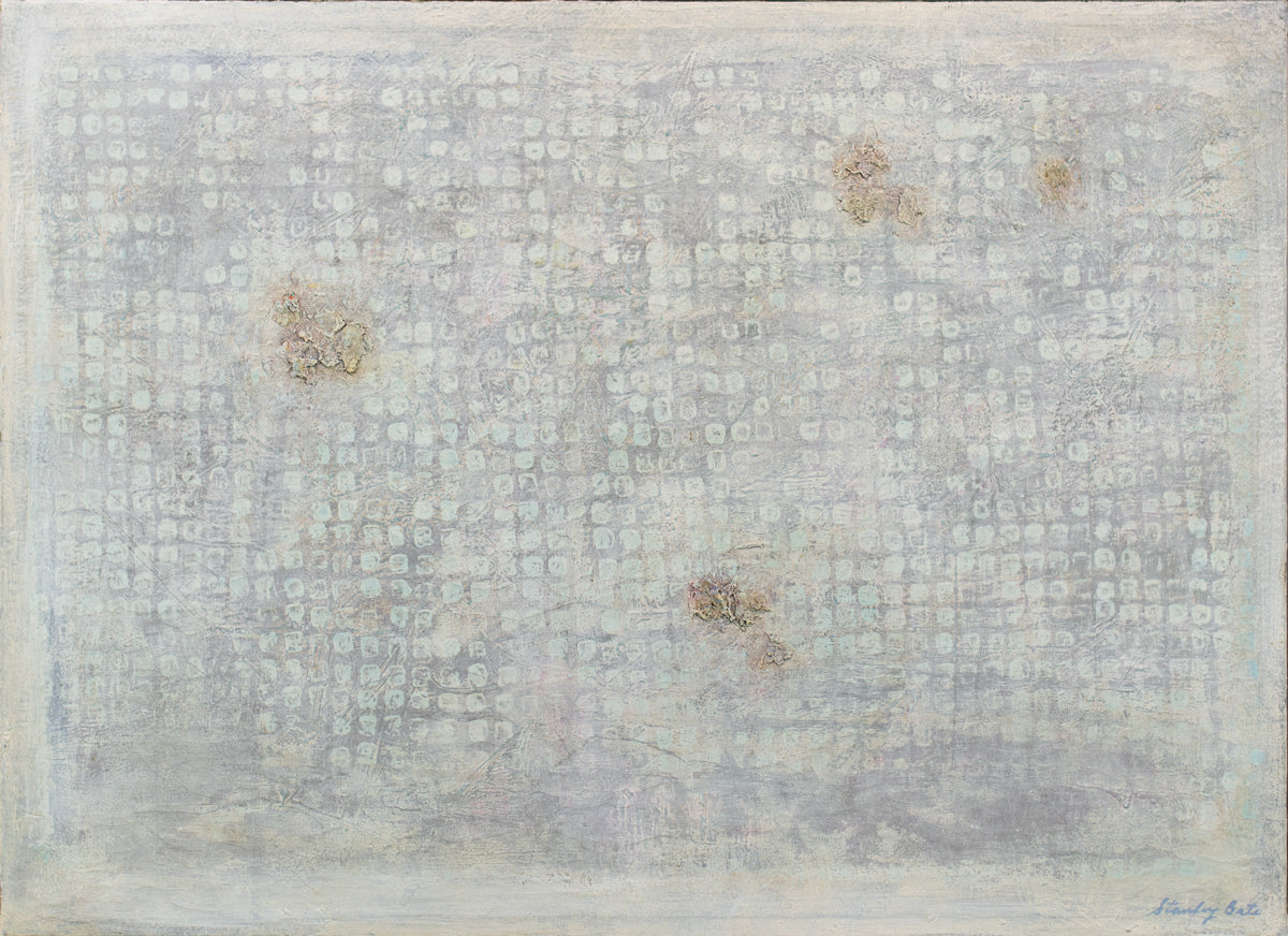 A light grey abstract painting by Stanley Bate. 