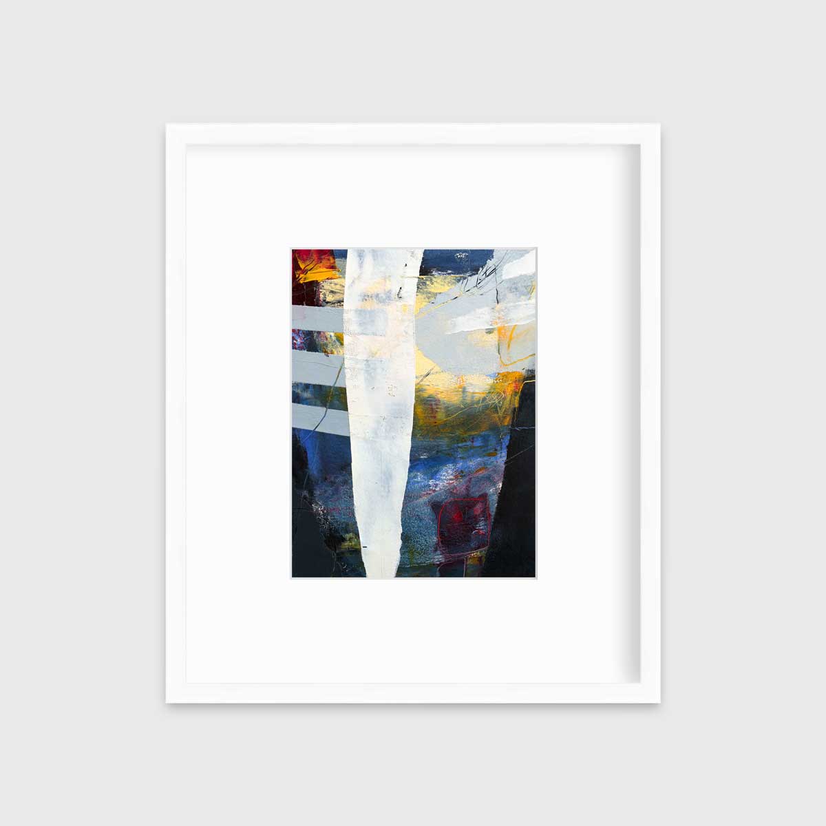 A white, yellow, red and grey abstract print in a white frame with a mat hangs on a white wall.