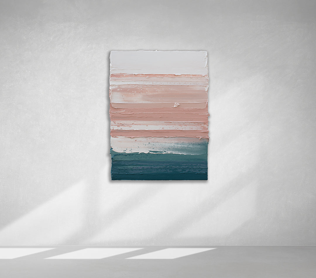 A peach, coral, white and teal with lavender thick textured painting on a white wall in natural light by Teodora Guererra.