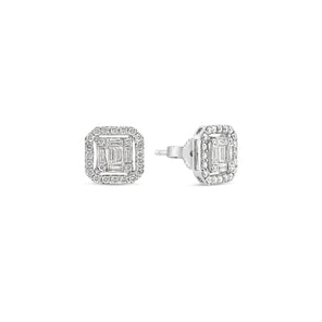white gold square-shaped diamond earrings on a white background
