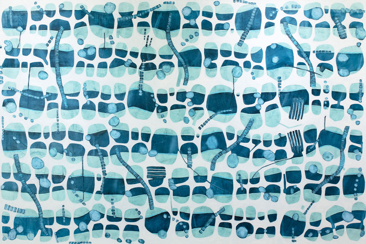 An abstract blue and white painting by Sofie Swann. 