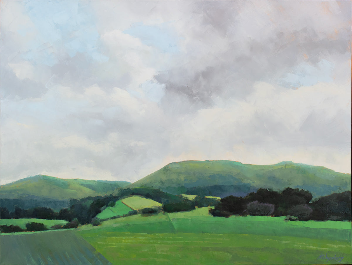 A light grey and shades of green landscape painting by Molly Doe Wensberg.