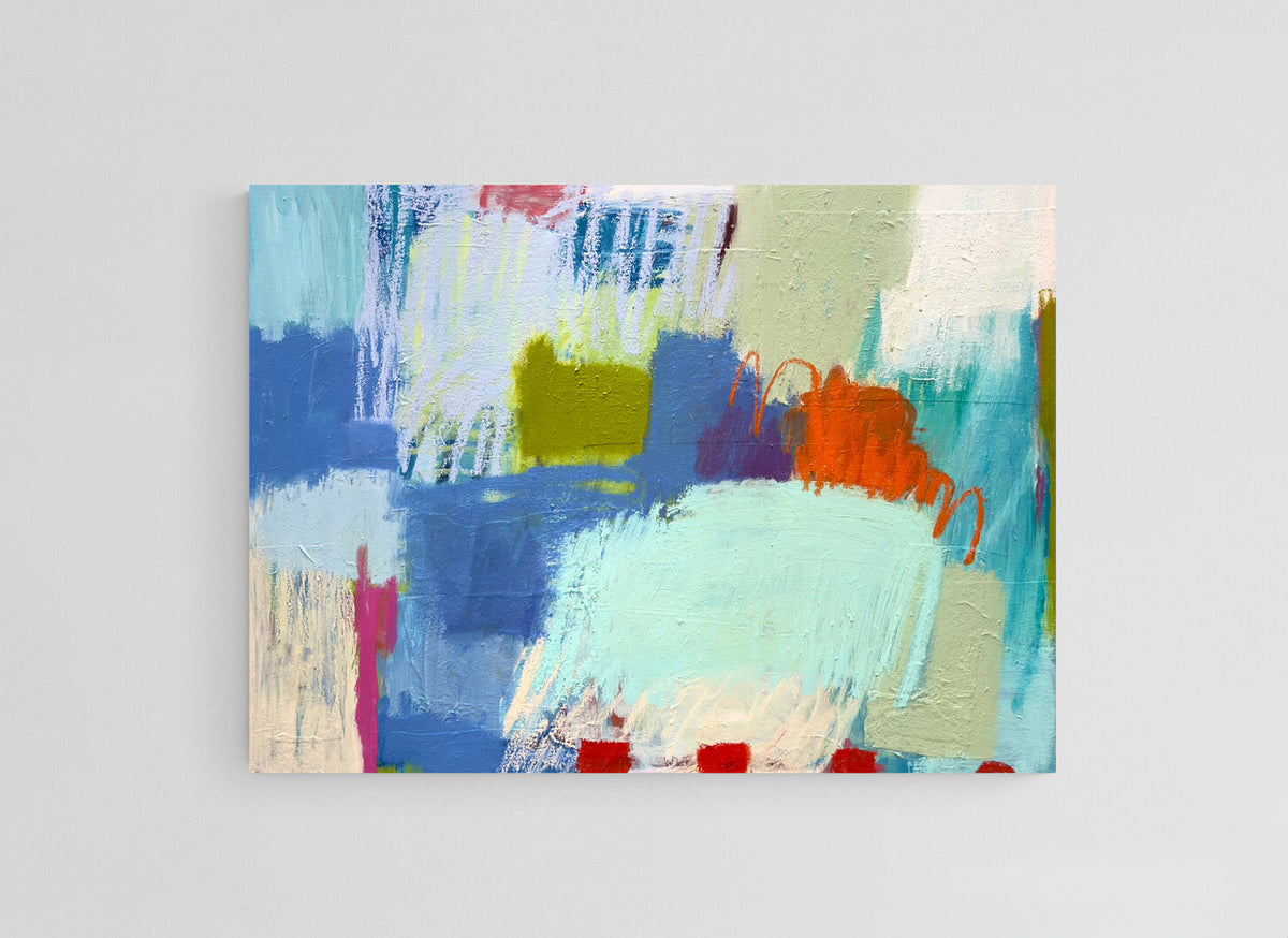 A colorful abstract painting featuring various colors including blue, green, orange, and beige, with a textured and fluid artistic style.