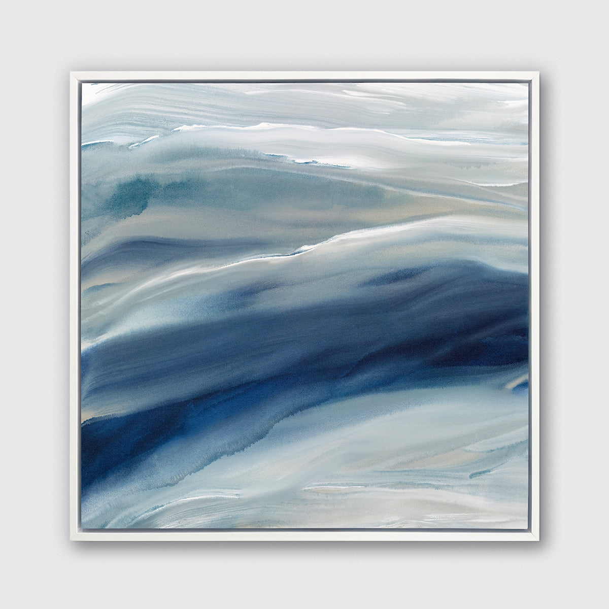 A blue, teal, beige and white abstract print in a white floater frame hangs on a white wall.
