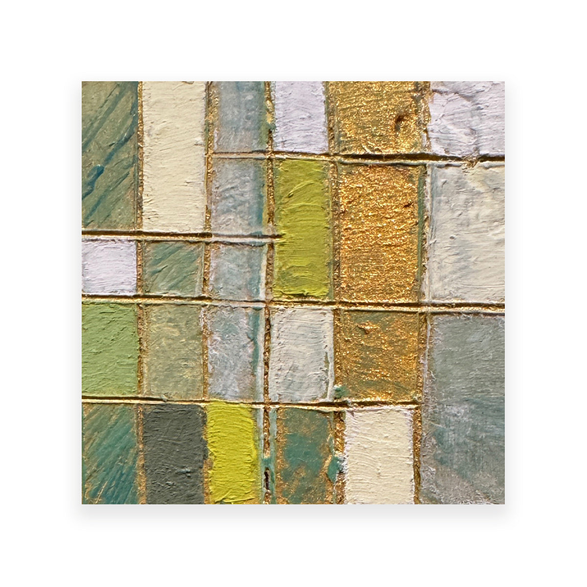 A detail of an abstract geometric wall art print featuring textured painted blocks in muted green, gold, cream, gray, and olive tones.
