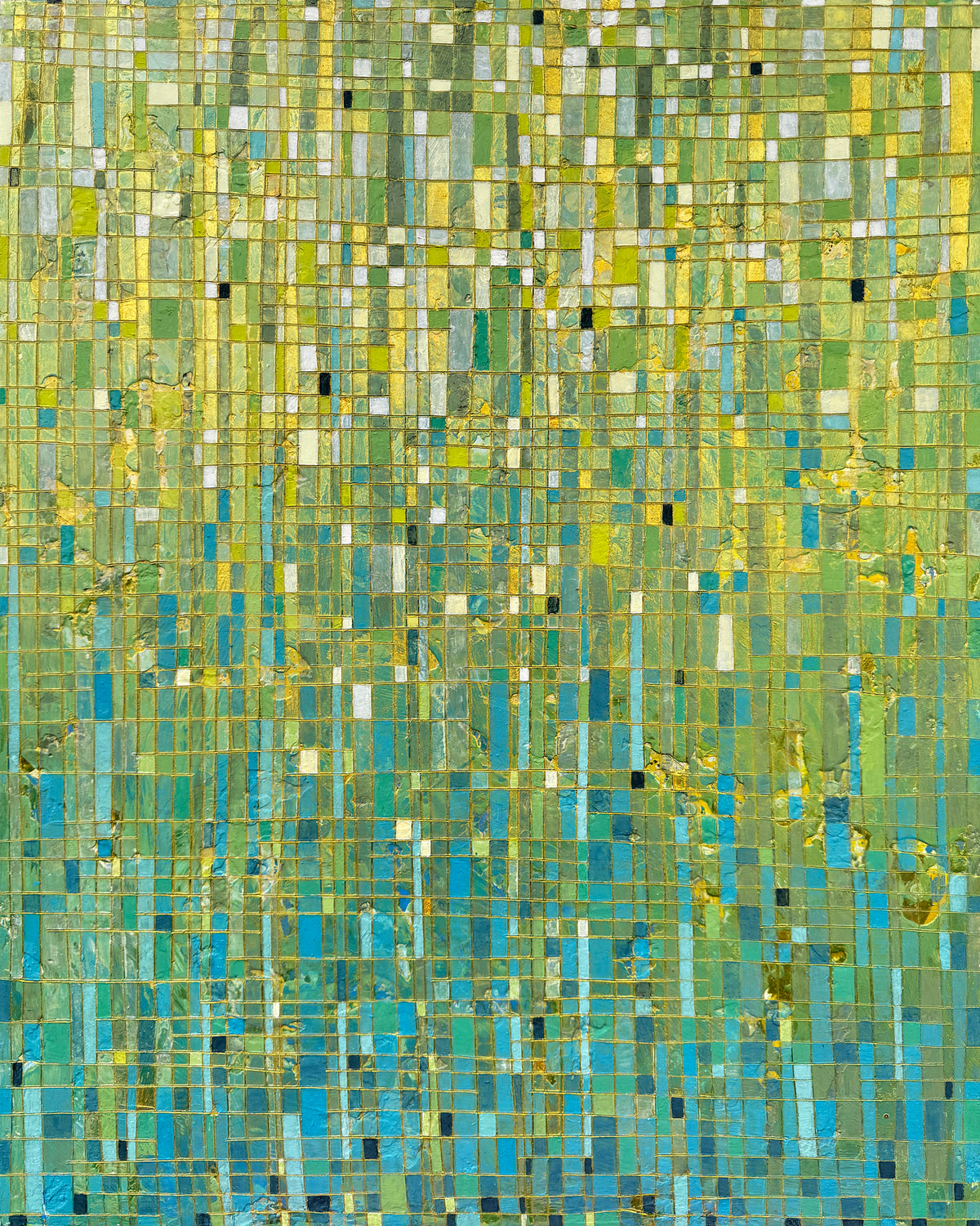 An abstract geometric artwork featuring a grid pattern of green, yellow, blue, and teal tiles with textured metallic gold leaf accents.
