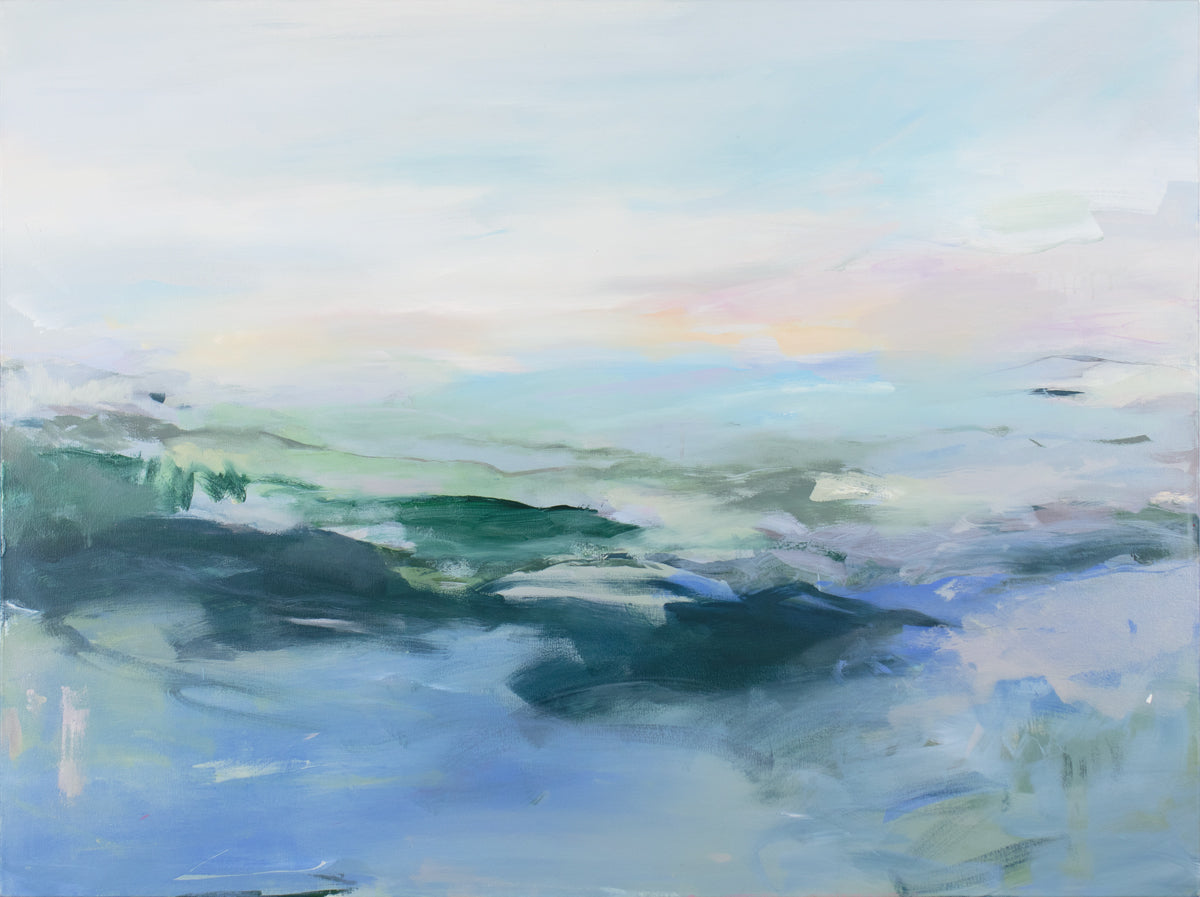 A blue, green, and pink abstract painting by Kelly Rossetti. 