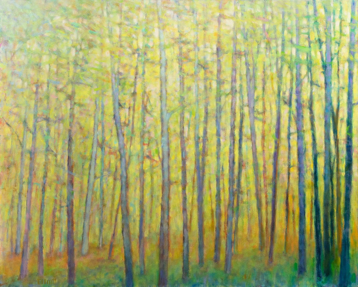 An abstracted yellow painting of forest trees by Ken Elliott. 