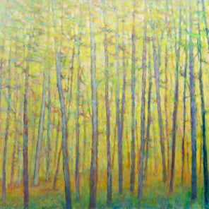 An abstracted yellow painting of forest trees by Ken Elliott. 