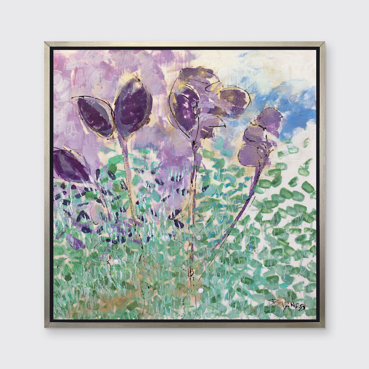 A purple, green and blue abstract floral print in a silver floater frame hangs on a white wall.