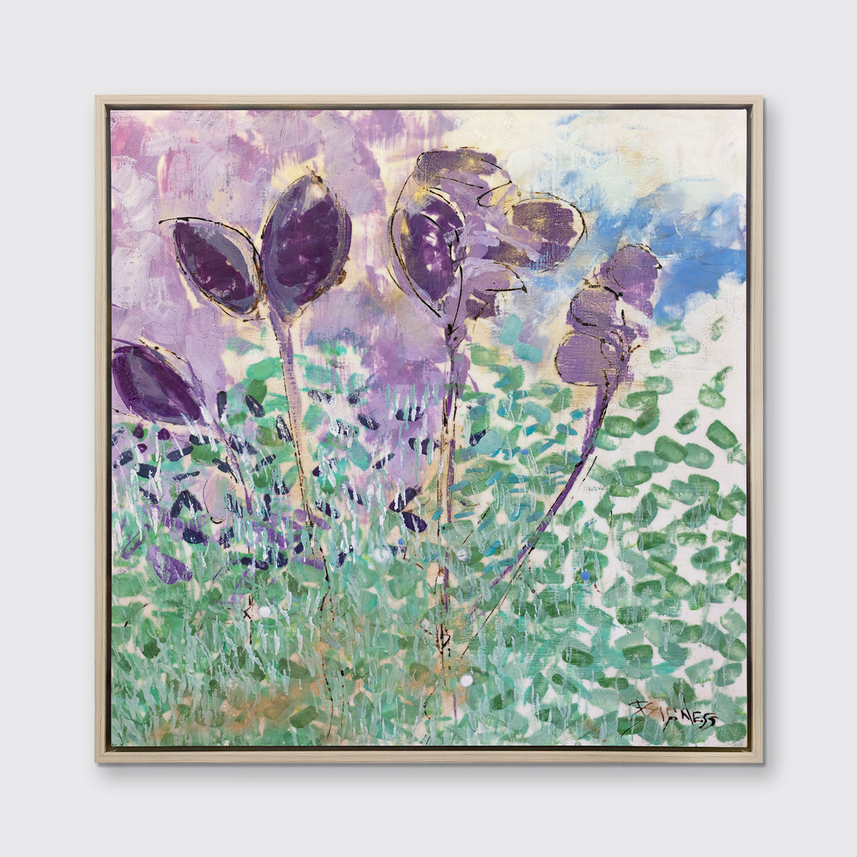 A purple, green and blue abstract floral print in a white oak wood floater frame hangs on a white wall.