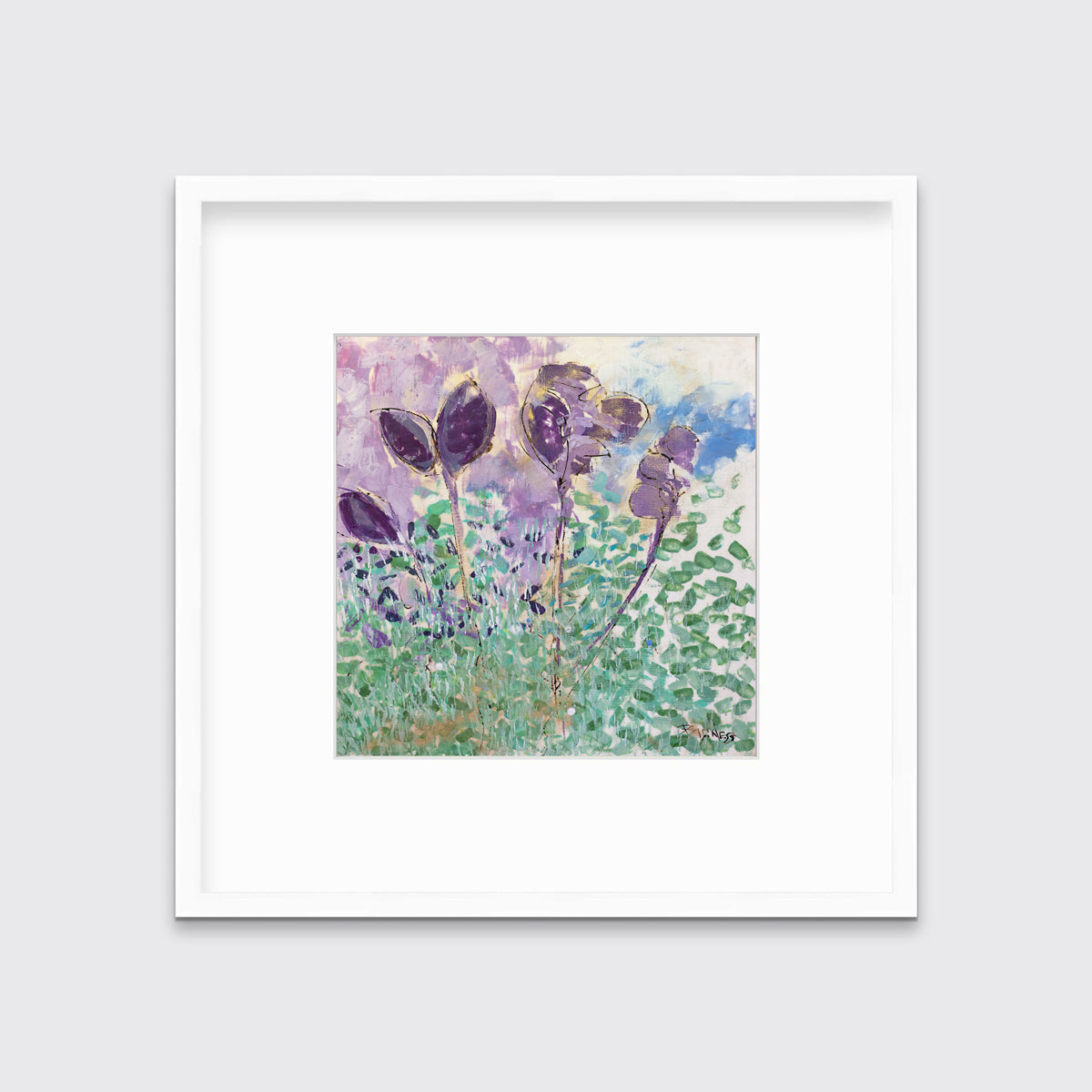 A purple, green and blue abstract floral print in a white frame with a mat hangs on a white wall.