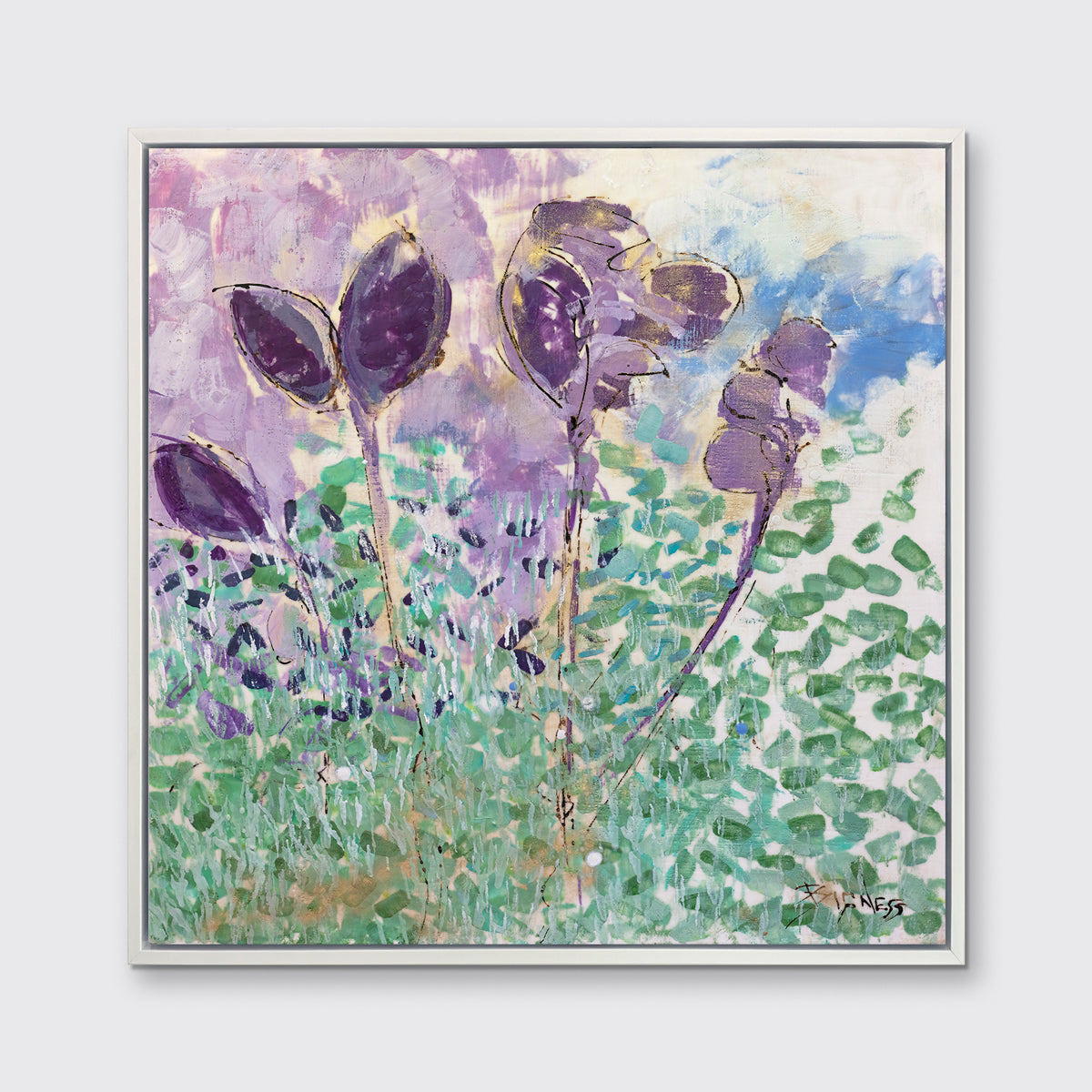 A purple, green and blue abstract floral print in a white floater frame hangs on a white wall.