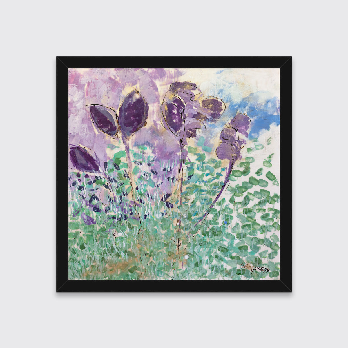 A purple, green and blue abstract floral print in an unmatted black frame hangs on a white wall.