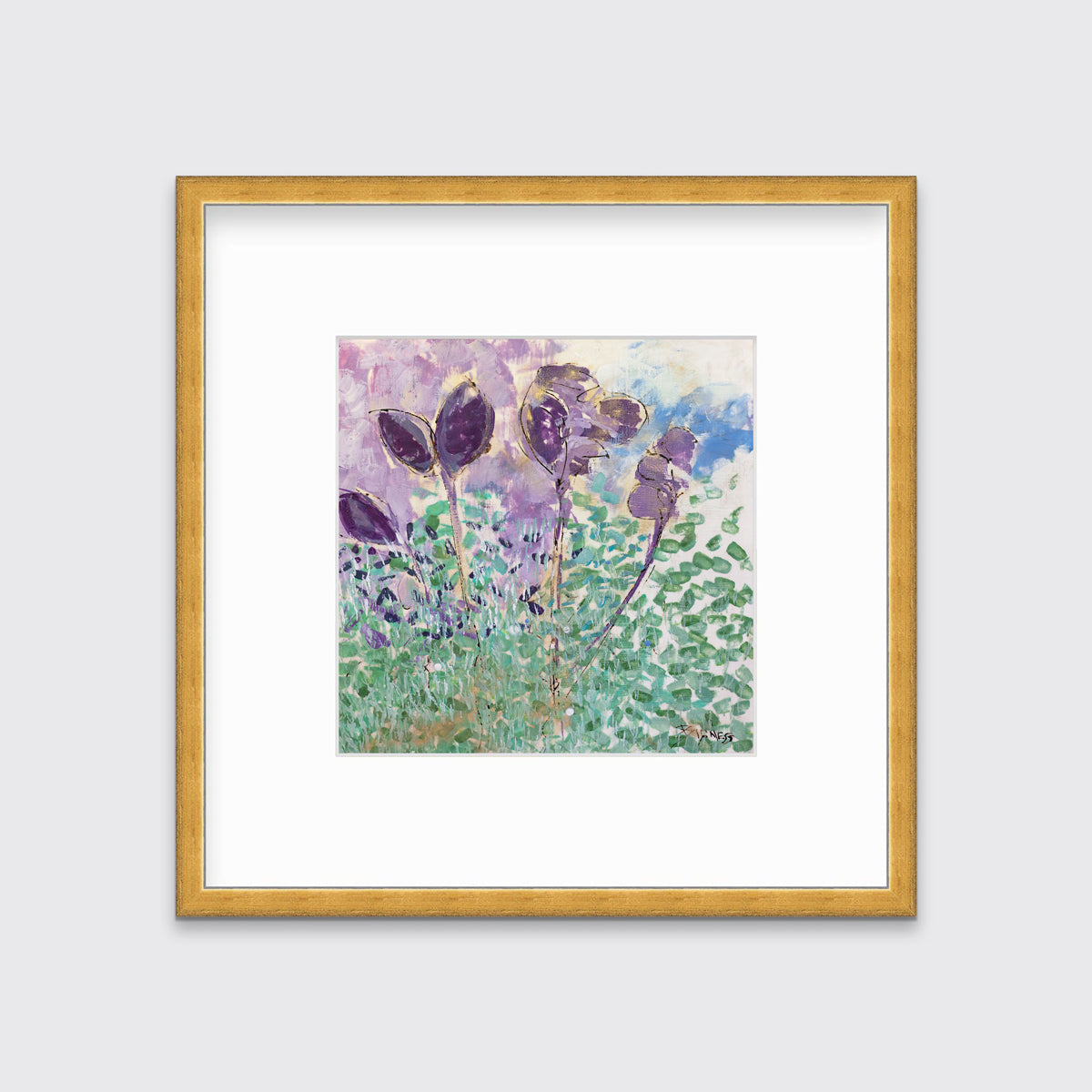 A purple, green and blue abstract floral print in a gold frame with a mat hangs on a white wall.