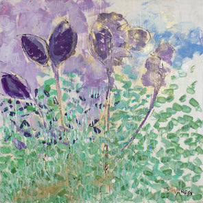 A green, blue, and violet abstracted floral painting by Linda Bigness. 