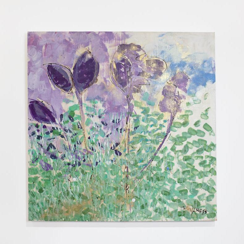 A green, blue, and violet abstracted floral painting hangs on a white wall.