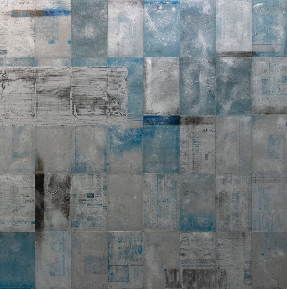 A blue abstract painting on recycled metal print plates.