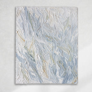 An abstract painting with thickly textured blueish, orangish and greenish beige brushstrokes is hung on a gallery wall.