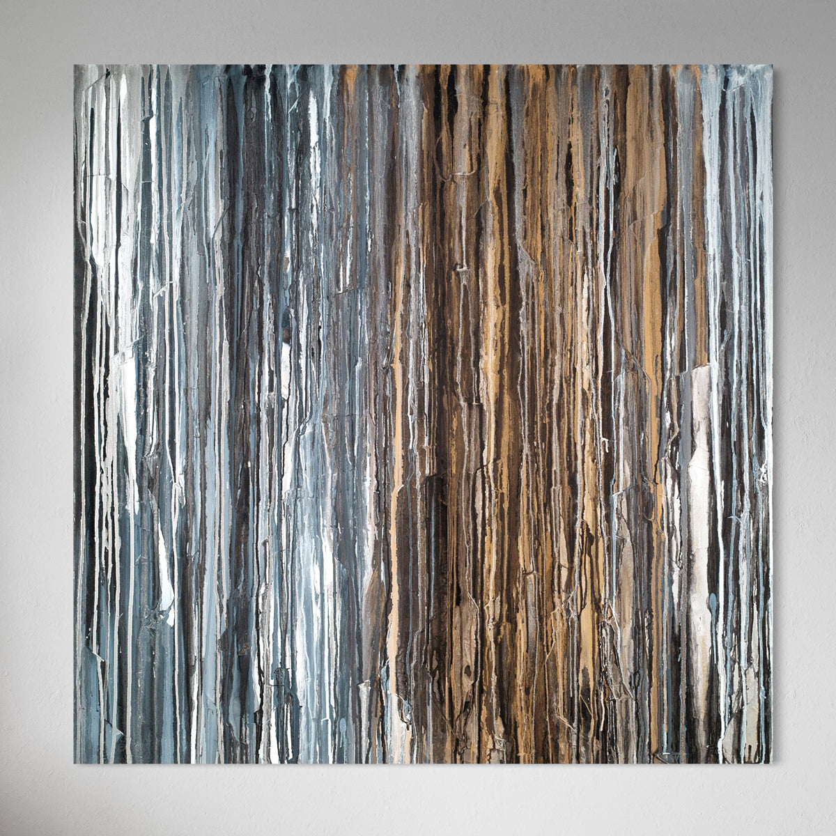 A 48" x 48" original abstract painting with beige, black, brown, gray, and white dripped oil paint, titled 'Just Add Shoes' by Teodora Guererra.