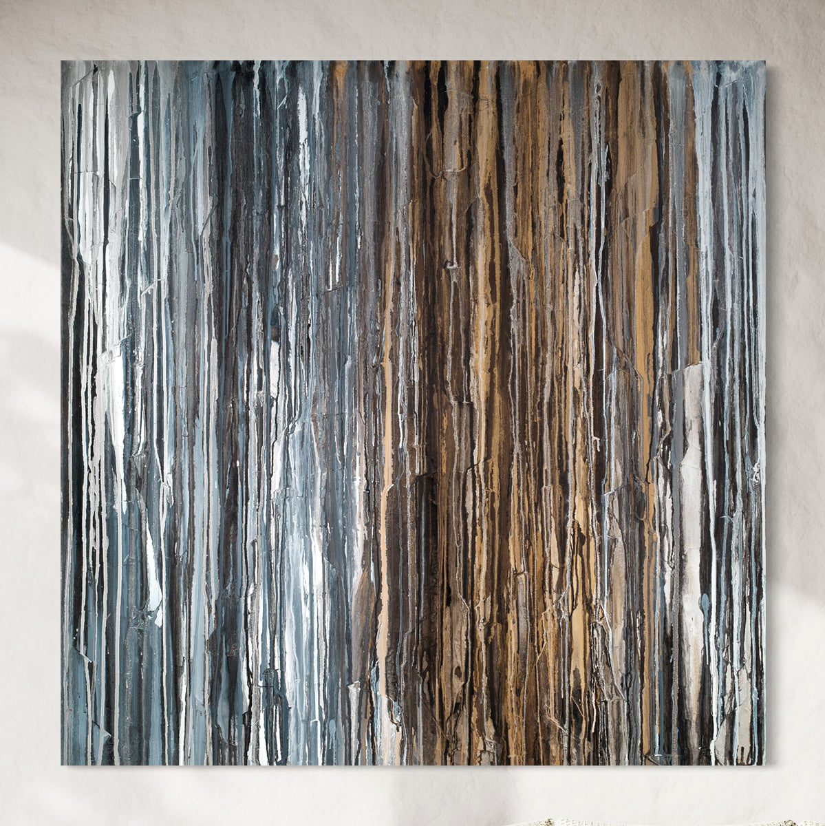 A 48" x 48" original abstract painting with beige, black, brown, gray, and white dripped oil paint, titled 'Just Add Shoes' by Teodora Guererra.