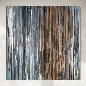 A 48" x 48" original abstract painting with beige, black, brown, gray, and white dripped oil paint, titled 'Just Add Shoes' by Teodora Guererra.