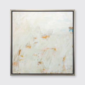 A white, light green and orange abstract print in a silver floater frame hangs on a white wall.