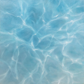 A blue coastal painting of light reflecting on water by Laura Browning. 