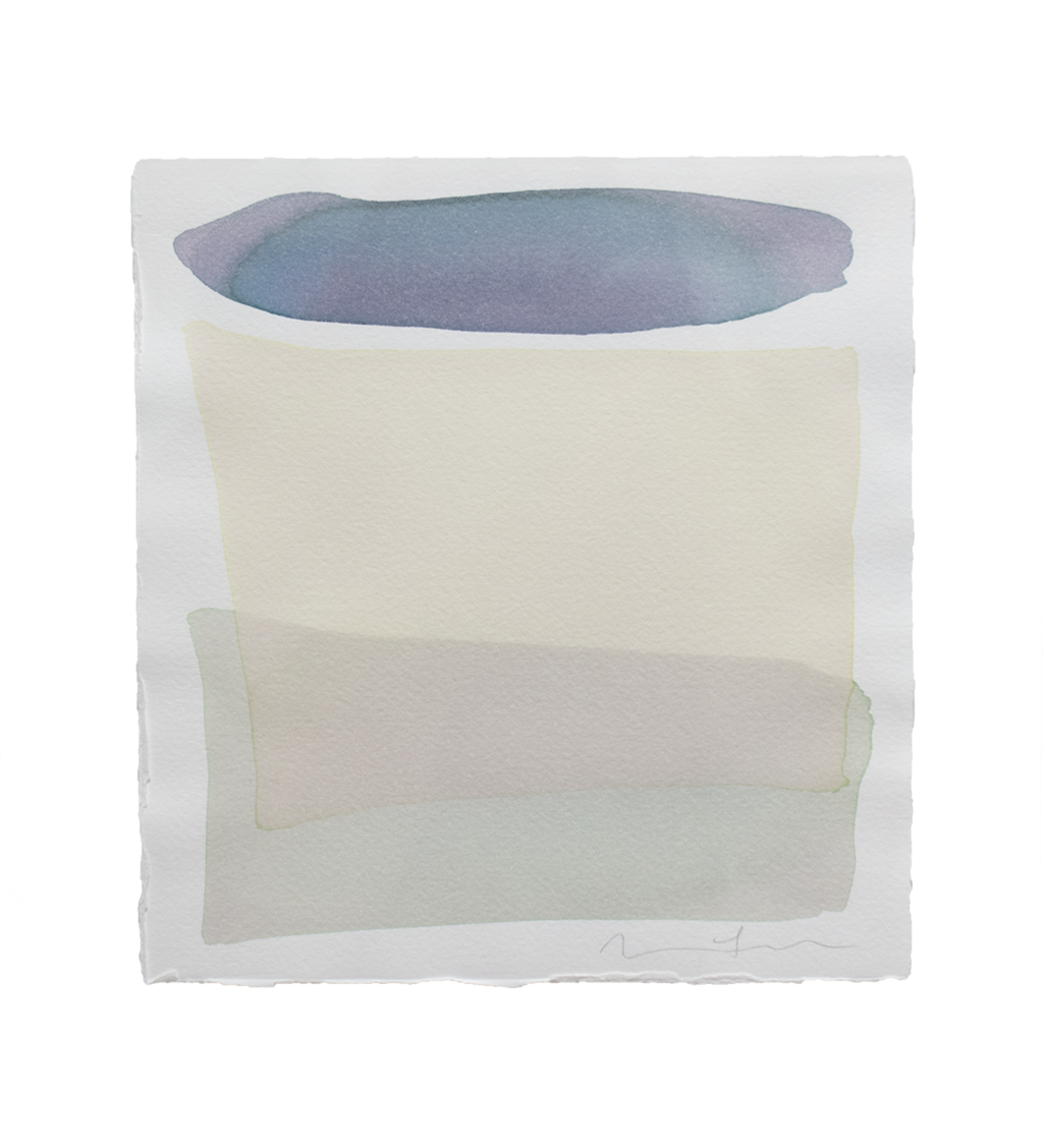 A teal blue with purple, pale yellow and light sea foam green shapes overlap in this painting by Nealy Hauschildt.