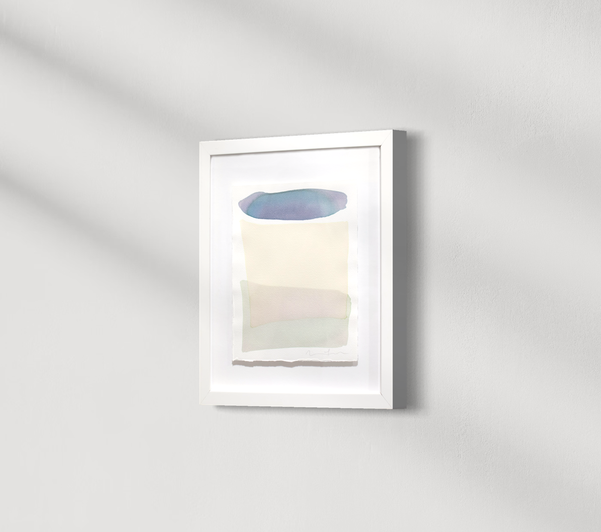 A side view of a teal blue with purple, pale yellow and light sea foam green shapes overlap in this painting by Nealy Hauschildt is float mounted in a white frame hanging on a white wall.