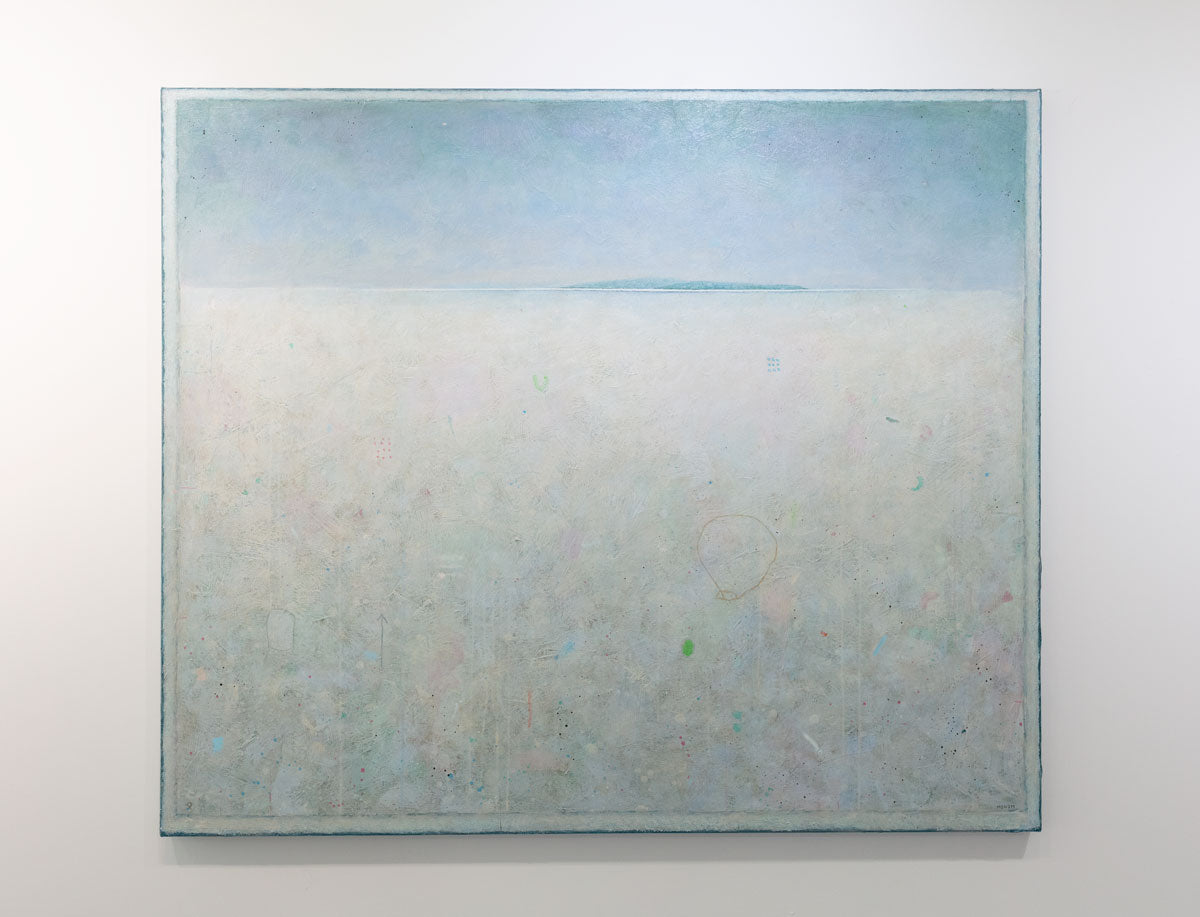 A white and light blue abstract landscape painting by Elwood Howell hangs on a white wall.