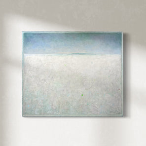 A white abstract landscape painting by Elwood Howell hangs on white wall.