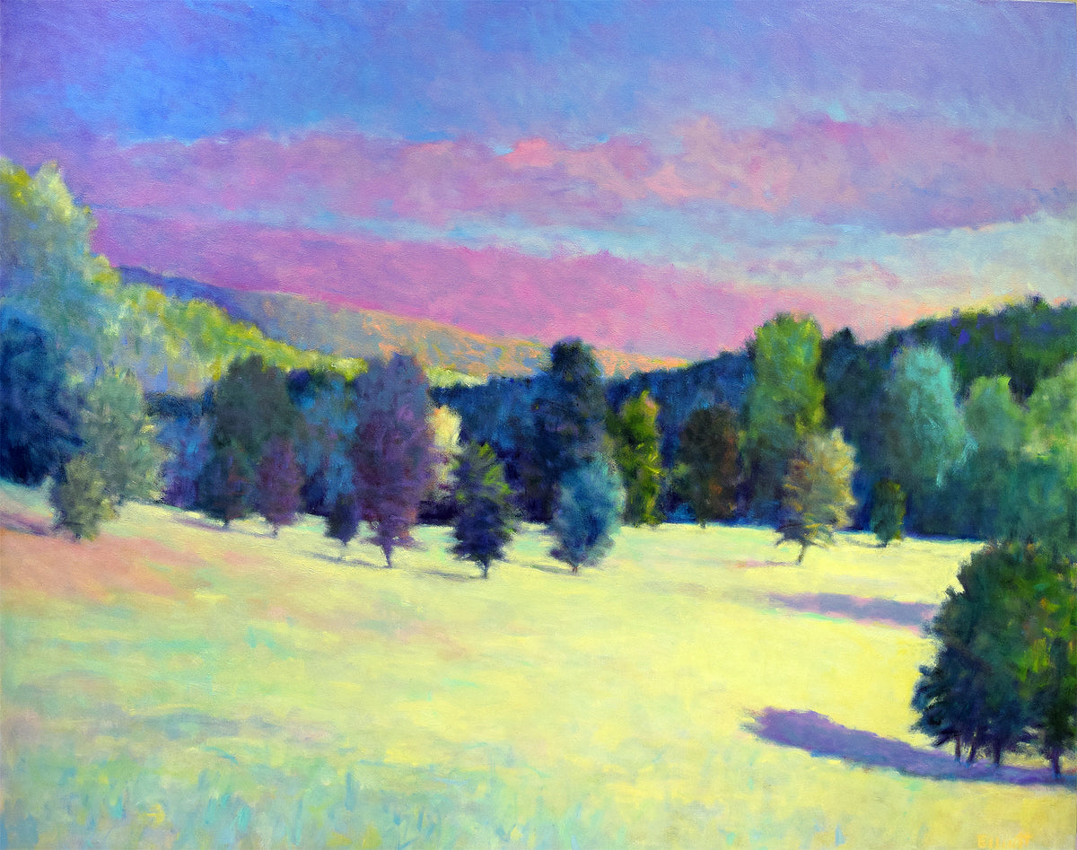 Painting of a landscape with trees and a pink sky