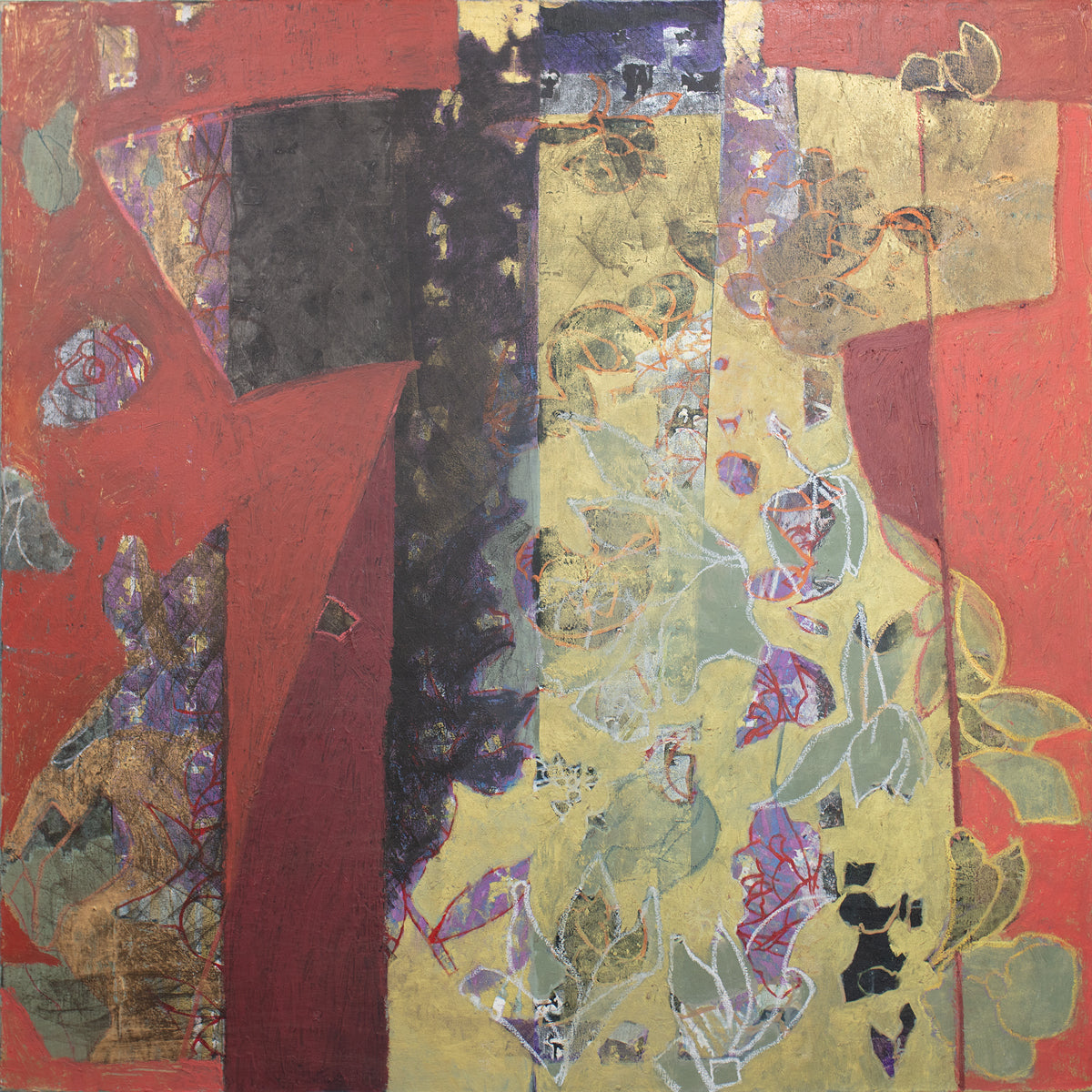 A red and gold abstract painting by Christine Averill-Green. 
