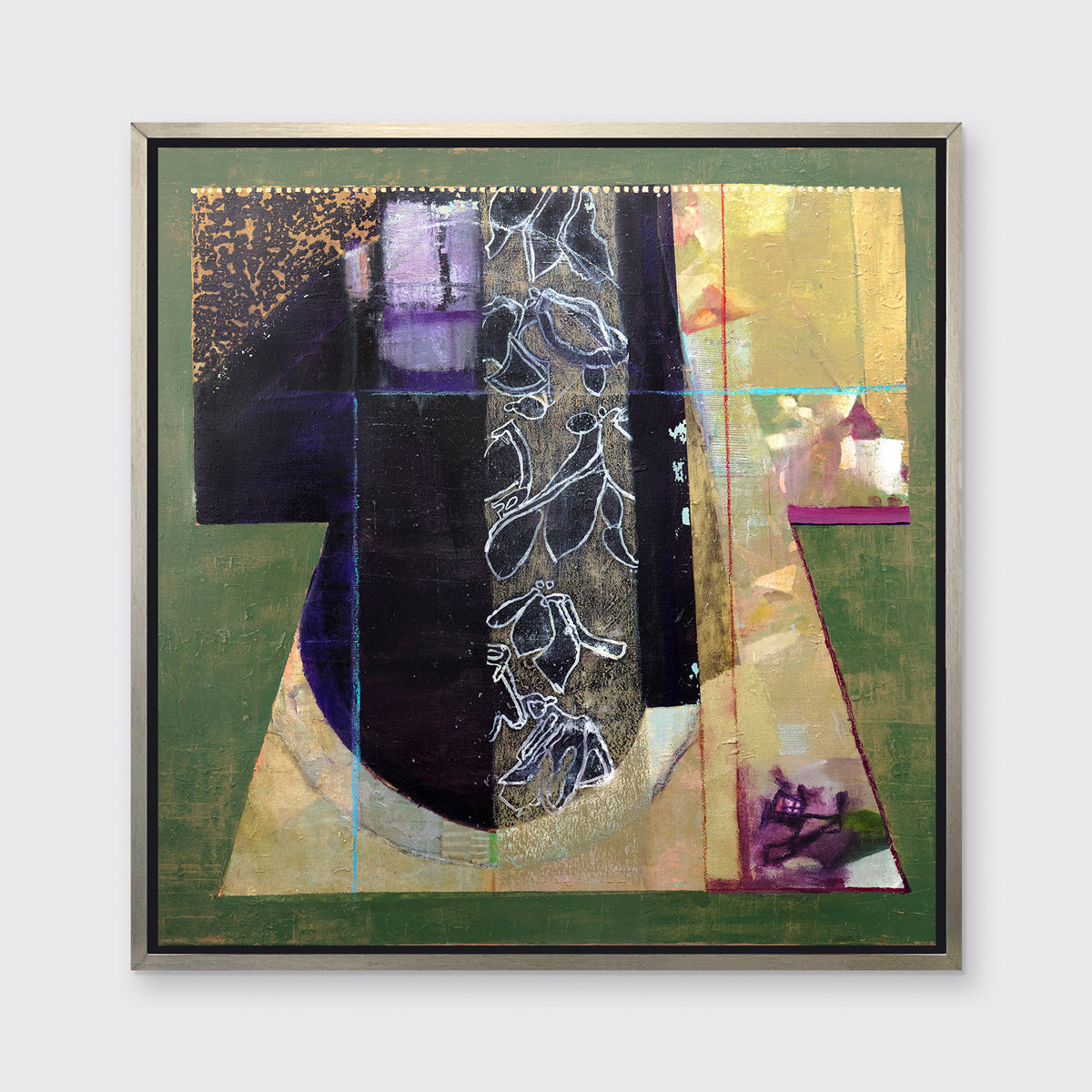 A green, gold and black abstract print in a silver floater frame hangs on a white wall.
