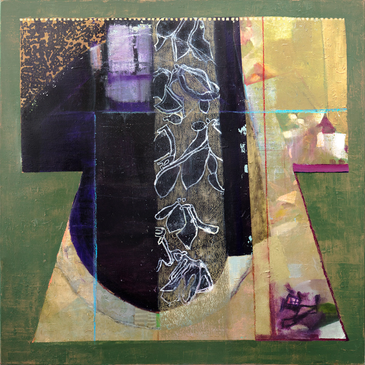 A green, gold and black abstract print by Christine Averill-Green.