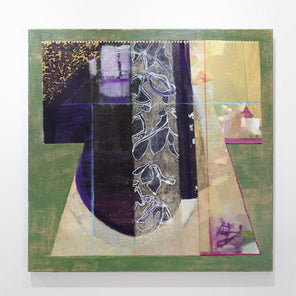 A green, gold, black and purple abstract painting by Christine Averill-Green hangs on a white wall.