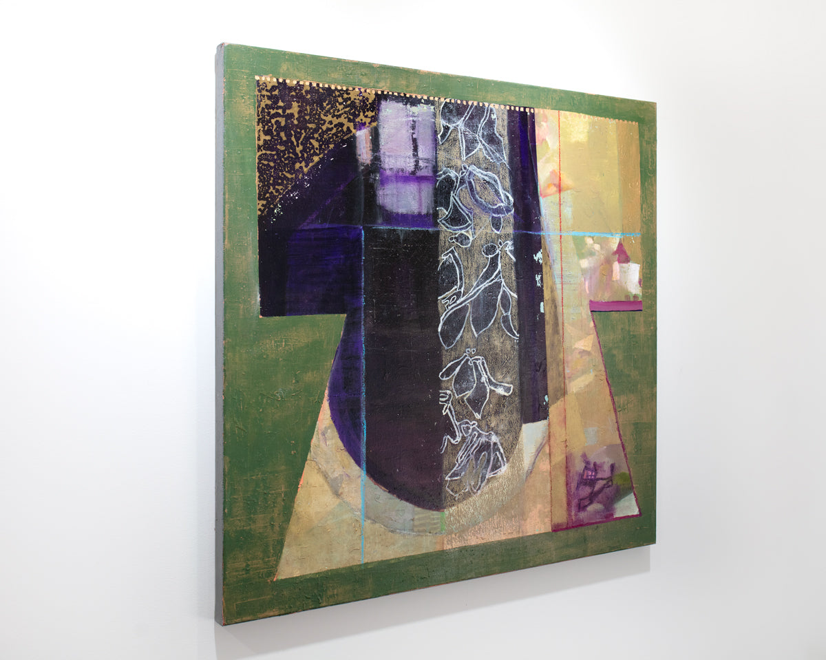 A left side-view of a green, gold, black and purple abstract painting by Christine Averill-Green hangs on a white wall.