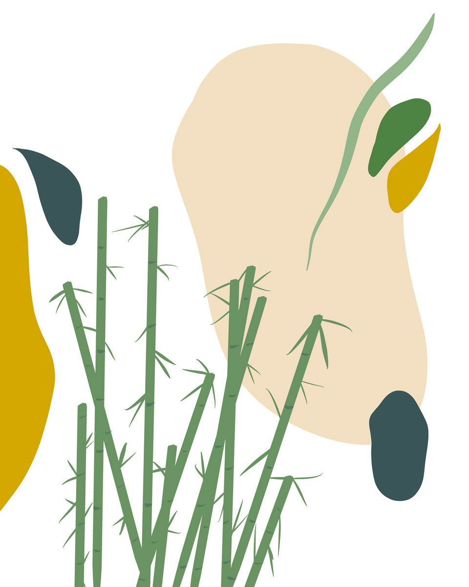 An abstract yellow, beige, blue, and green botanical art print by Hazal Ozturk. 
