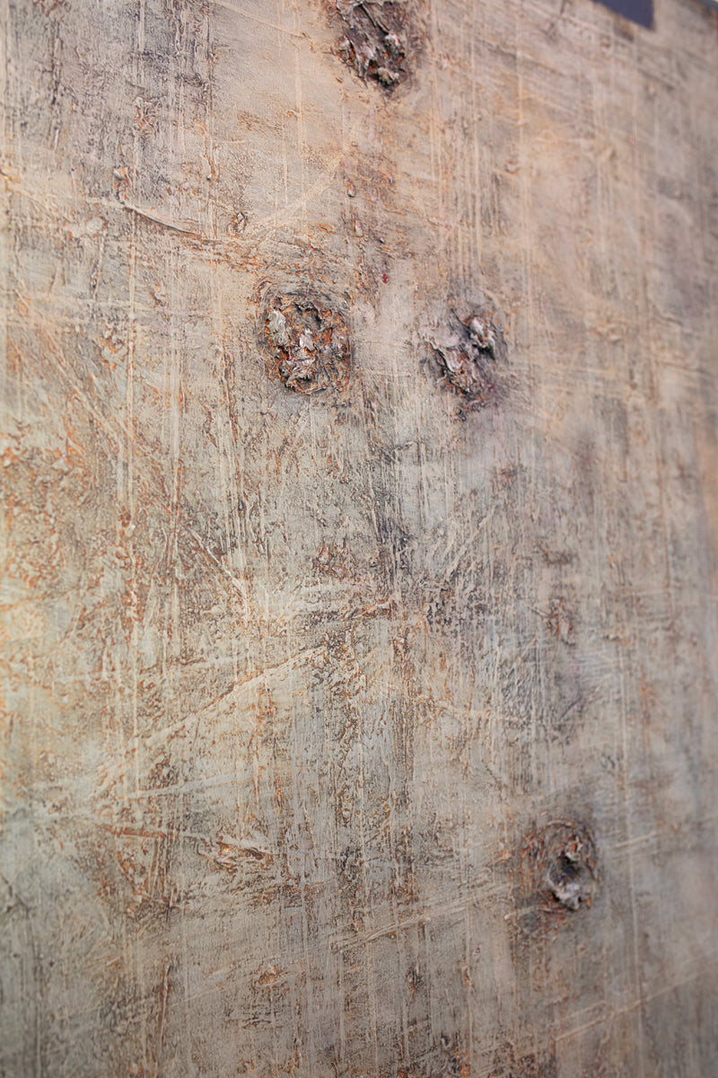 A detailed close-up image of a textured modern abstract painting by Stanley Bate. 
