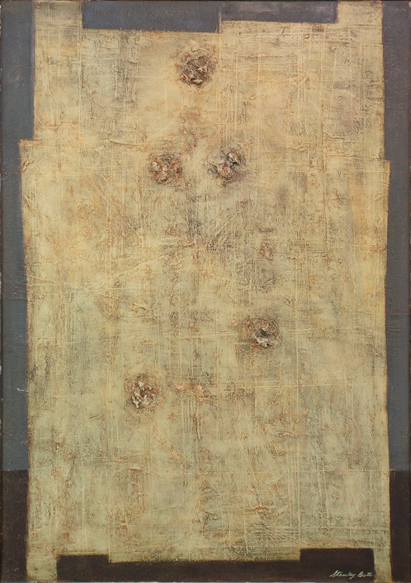 A grey and warm yellow beige abstract painting by Stanley Bate. 